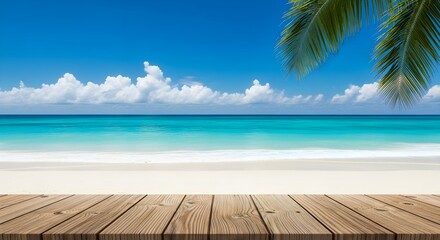 Fototapeta premium Tropical beach paradise with wooden deck and palm fronds