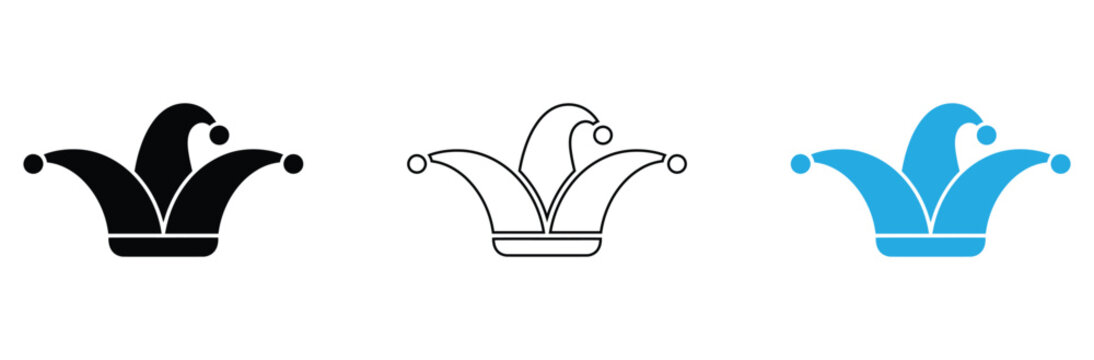 Whimsical jester hats icons in black, outline, and blue represent playful spirit, lightheartedness, and festive fun for entertainment and creative projects