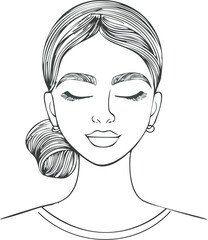 One-line art of closed-eye woman with peaceful expression, minimalist serene female face line drawing, calm woman contour illustration, Peaceful One Line Woman Face, Minimal Serenity Line Art