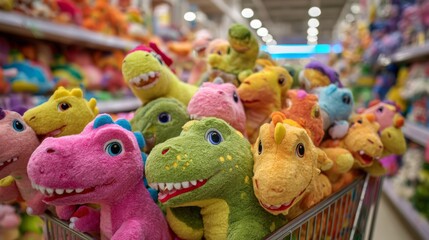 Colorful Plush Dinosaurs Overflowing from Shopping Cart in Vibrant Toy Store Aisle