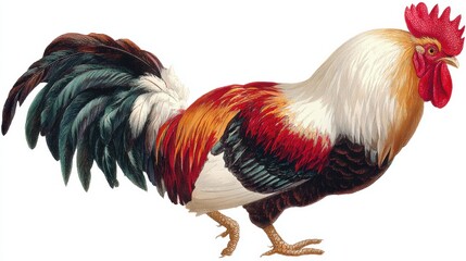 Fototapeta premium Colorful Rooster in Full Profile Showcasing Vibrant Feathers and Details Against a White Background