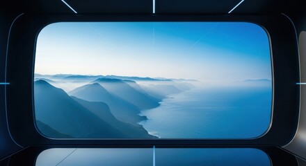 Stunning coastal view from modern interior with panoramic window showcasing hills and ocean underneath blue sky