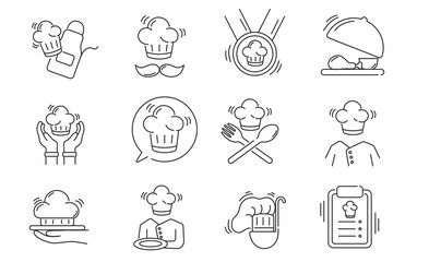 Chef and Cook Vector Icon Set , Kitchen, Restaurant, and Culinary Symbols, Professional Cooking and Catering Icons ,Hat, Fork, Knife, and Spoon, Restaurant and Chef Illustration Pack .Uniforms,
