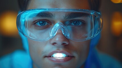 A young man with bright blue eyes and a smile wears glasses in a dim lab
