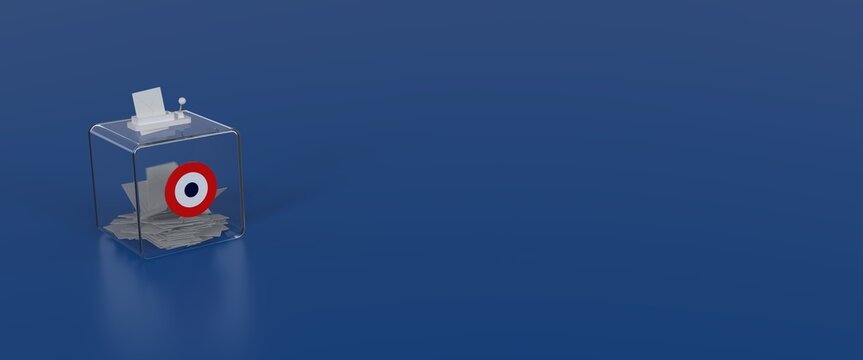 urne de vote avec cocarde tricolore Fran&ccedil;aise - banni&egrave;re web, fond bleu - rendu 3D