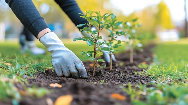 Volunteers work together to plant small trees in the soil, enhancing the park's beauty
