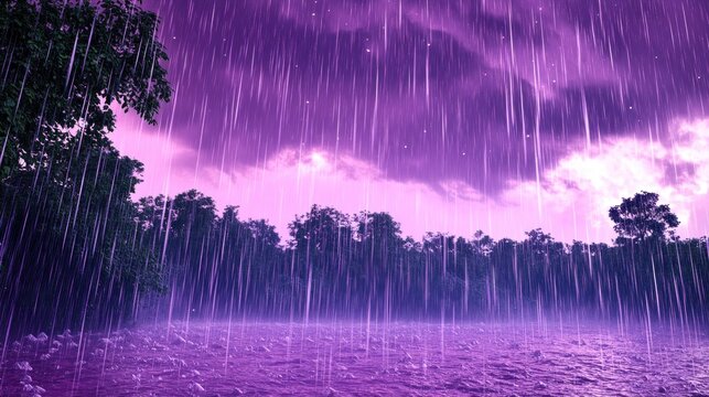 Dark clouds unleash heavy rain while the sky glows in shades of purple during twilight