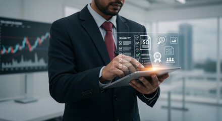 Professional businessman manages quality control and ISO certification on digital tablet with stock market graph background