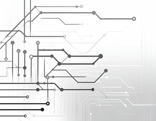 A grayscale graphic of an abstract circuit board design with interconnected lines and circular nodes