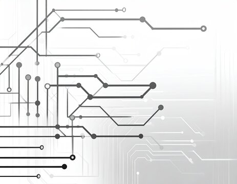 A grayscale graphic of an abstract circuit board design with interconnected lines and circular nodes