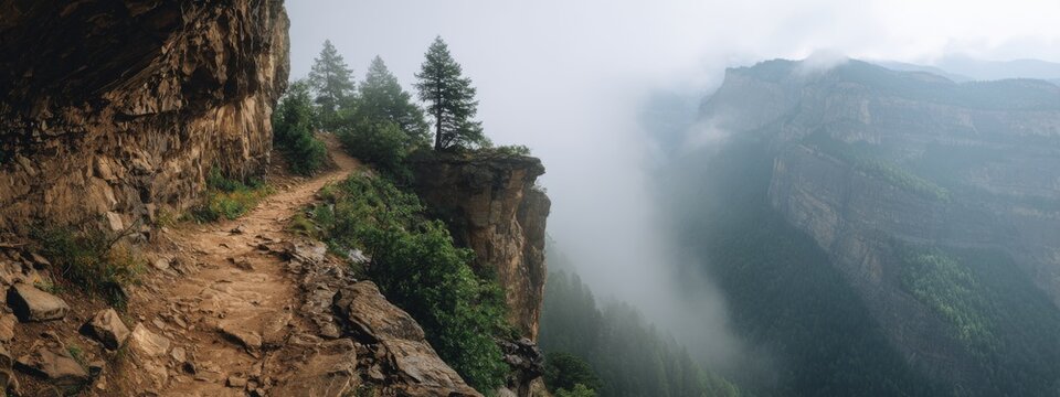 Scenic Cliffside Hiking Trail Overlooking Deep Valley with Misty Mountains in Background