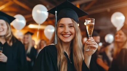 Smiling young woman graduate in cap and gown holding sparkling beverage at celebratory event