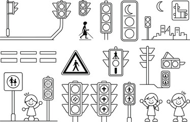 Traffic safety icons, pedestrian signs, children illustration, black and white sketch, road signals, educational design, urban awareness, line art