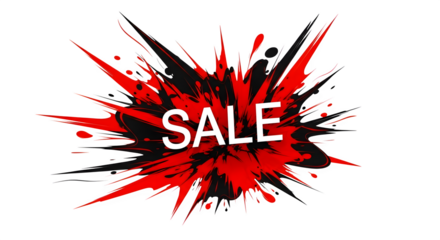 Explosion of red and black paint with the word sale in white, isolated on transparent background
