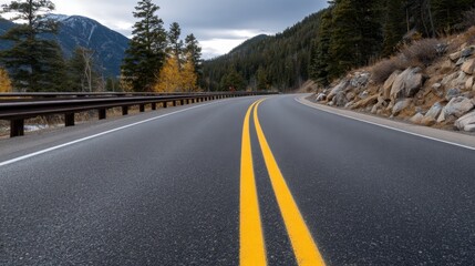 Scenic winding road through mountainous terrain with trees and cloudy sky in the background