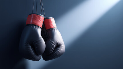 professional boxing banner featuring hanging leather gloves in dramatic studio lighting, atmospheric sports background for fitness promotions, athletic training concepts and competitive fight advertis