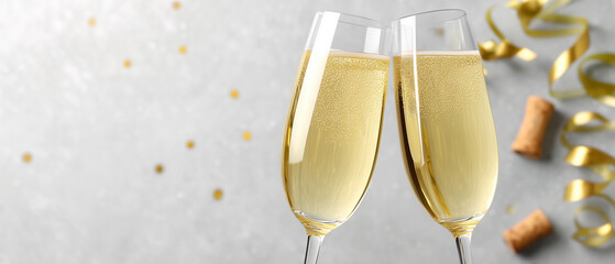 elegant celebration banner with two champagne glasses clinking in soft festive bokeh atmosphere, sparkling drink concept for holiday greetings, party invitations and new year events