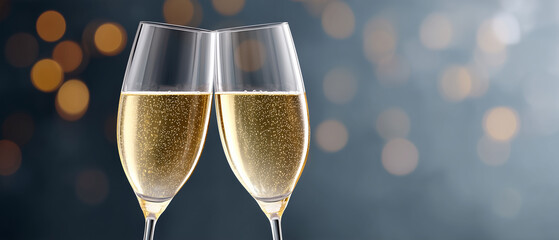 elegant celebration banner with two champagne glasses clinking in soft festive bokeh atmosphere, sparkling drink concept for holiday greetings, party invitations and new year events