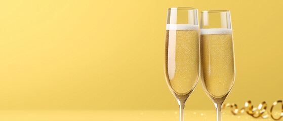 elegant celebration banner with two champagne glasses clinking in soft festive bokeh atmosphere, sparkling drink concept for holiday greetings, party invitations and new year events