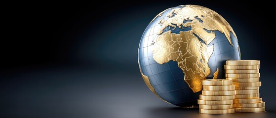 A wooden globe beside polished coins symbolizes global trade, finance, and the need for sustainable practices