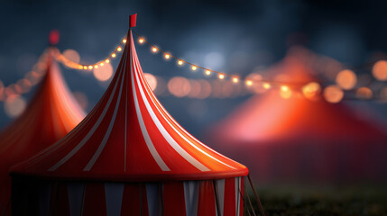 vibrant circus banner with classic striped tents illuminated by soft festive lights creating a dramatic carnival atmosphere ideal for event promotions posters and entertainment themes