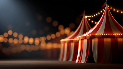 vibrant circus banner with classic striped tents illuminated by soft festive lights creating a dramatic carnival atmosphere ideal for event promotions posters and entertainment themes