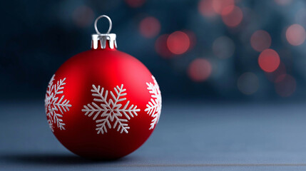 festive christmas banner featuring elegant red  ornament with snowflake design placed on sparkling winter surface with bright glowing bokeh lights perfect for seasonal greetings cards