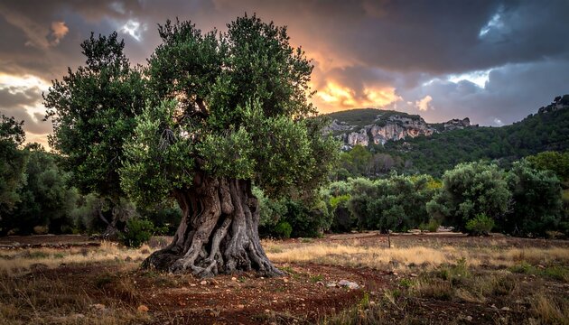 Gnarled, old olive tree stands tall in a field, with hills silhouetted against a vibrant sunset sky