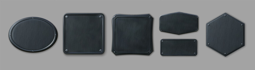Obraz premium Black plate. Steel metal sign. Game button frame with rivet. UI panel with plaque texture. Tag border. Geometric isolated shapes attached with screws. Nameplate tablet. Vector boards set