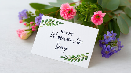 festive women’s day greeting card with vibrant spring flowers on soft pink background for holiday celebration and seasonal promotions