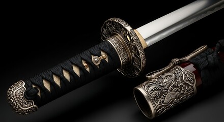 Exquisite Details of a Traditional Japanese Sword Hilt and Ornate Scabbard Showcasing Ancient Craftsmanship on a Dark Backdrop