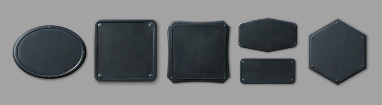 Black plate. Steel metal sign. Game button frame with rivet. UI panel with plaque texture. Tag border. Geometric isolated shapes attached with screws. Nameplate tablet. Vector boards set