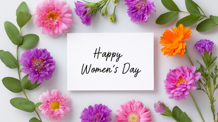 festive women’s day greeting card with vibrant spring flowers on soft pink background for holiday celebration and seasonal promotions