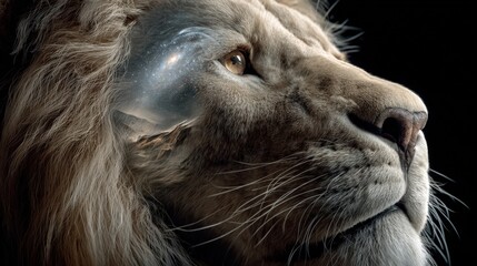 Naklejka premium A stunning depiction of a lion with a celestial horizon appearing from its head, embodying the fusion of nature and the vast universe, exploring themes of identity and cosmic connection.