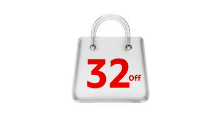 A white shopping bag with a red 32% off sticker, isolated on a transparent background, representing a discount or sale offer