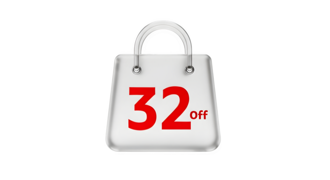 A white shopping bag with a red 32% off sticker, isolated on a transparent background, representing a discount or sale offer - Powered by Adobe