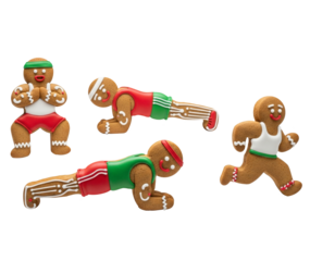 Gingerbread cookies shaped as athletes doing workouts
