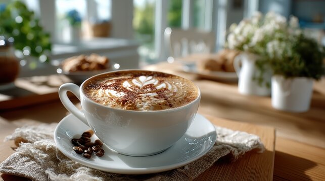 A beautifully crafted latte art design adorns the surface of a warm cream-filled coffee cup, set against a light brown palette that adds depth to the overall scene. 