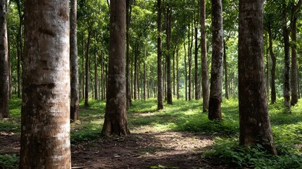 Fototapeta premium A serene rubber tree plantation with lush green foliage and d d sunlight on the forest floor