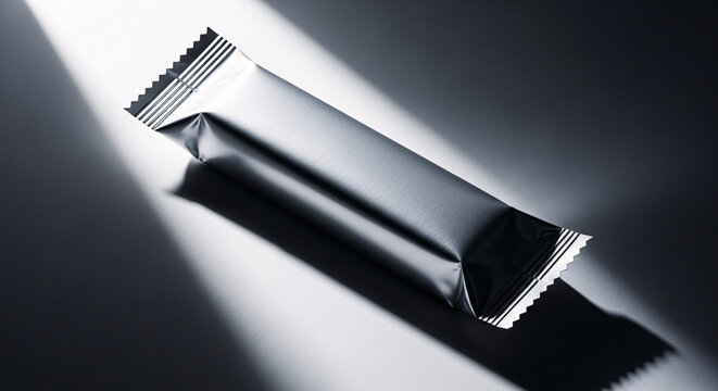 Dark silver blank candy bar wrapper mockup on dark table with light beam and shadow