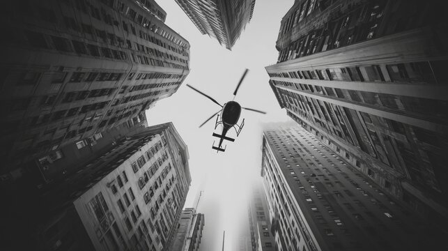 Urban innovation and business growth symbolized by a helicopter ascending through a modern skyscraper canyon in monochrome.