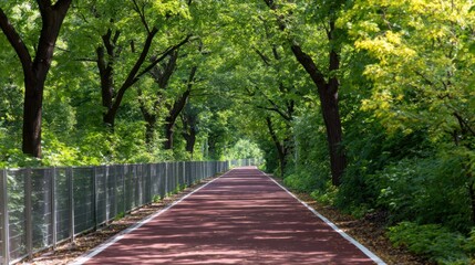 Obraz premium Serene pathway lined with lush green trees, inviting nature walk amidst vibrant foliage in a tranquil setting