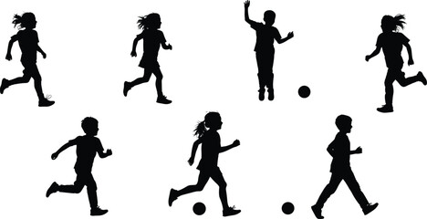 Silhouette of children playing football outdoors, active kids running and kicking soccer ball, teamwork and fun sports activity at sunset field