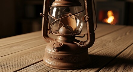 Antique rusty kerosene lantern on a wooden table creates a nostalgic and warm ambiance with a fireplace