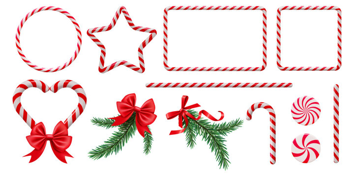Candy frame. 3D cane border. Red Xmas decoration or circle sweet stick line. Stripe square shape. Round ring. Coniferous branch with red ribbon. Vector Christmas decor elements set