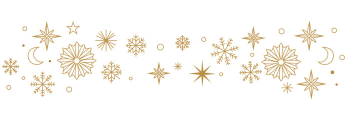 Holidays border, Gold christmas decorations wave pattern. Elegant holiday celestial snowflake and star line art
