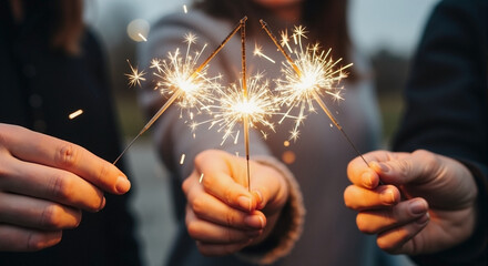 Holding sparklers with friends during celebration, bright festive glow of friendship. Sparklers in hands capture the joyous glow of celebration, sharing special moment with those around.