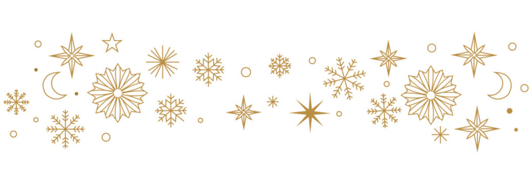 Holidays border, Gold christmas decorations wave pattern. Elegant holiday celestial snowflake and star line art