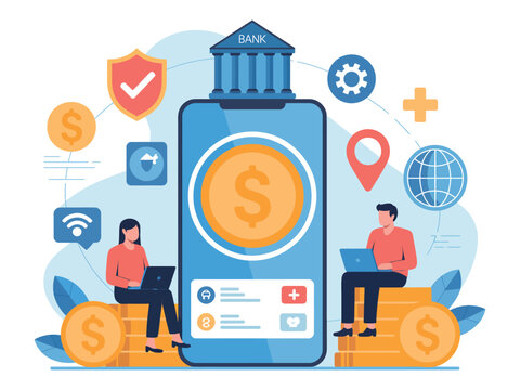 Digital banking app on a smartphone with people managing finances on laptops.