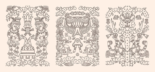African pattern. Tribal Mexican Aztec symbol. Africa or Mexico art ornament. Boho design. Inca tribe texture. Indigenous totem. Native motif with tree and people. Vector line prints set